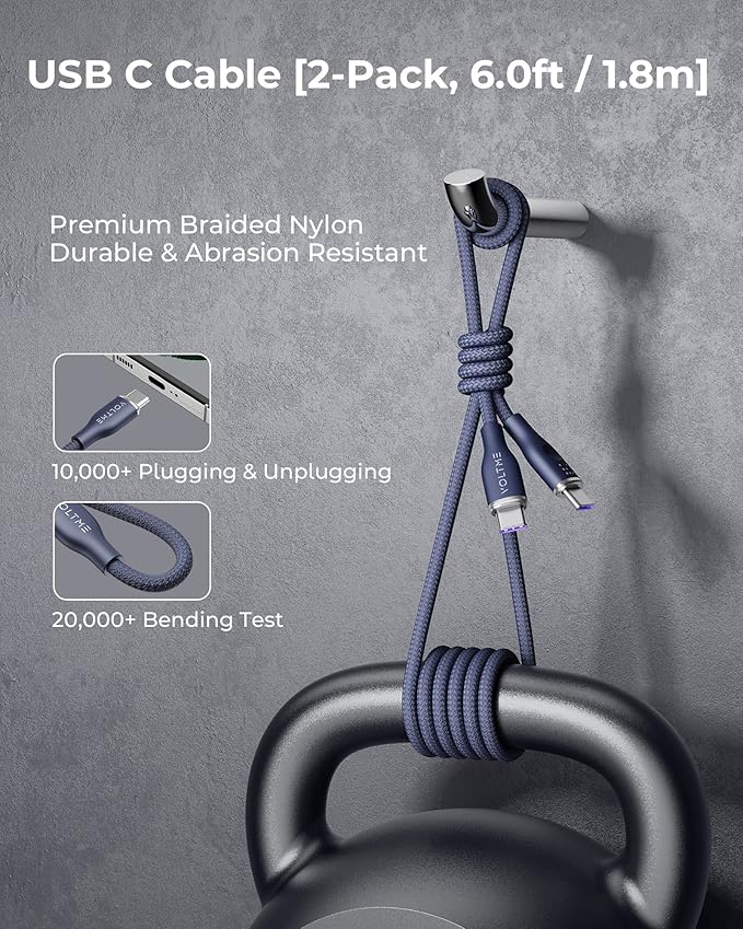 VOLTME USB C Cable (6ft 100W, 2-Pack), Premium Nylon USB C to USB C Cable 2.0, Type C Charging Cable Fast Charge for iPhone 17/16/15 Series,Galaxy S25/S24/S23,MacBook Pro 2020,and More(Blue)