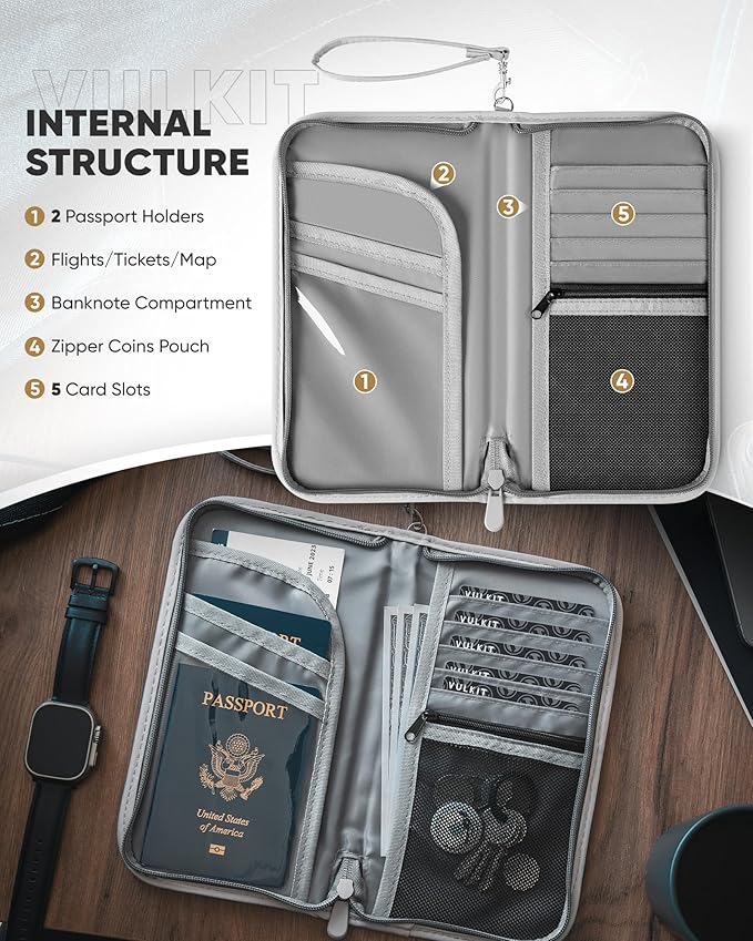 VULKIT Passport Wallet Passport Family Holder RFID Blocking Travel Card Organizer with Wrist Strap for Men or Women(Grey)