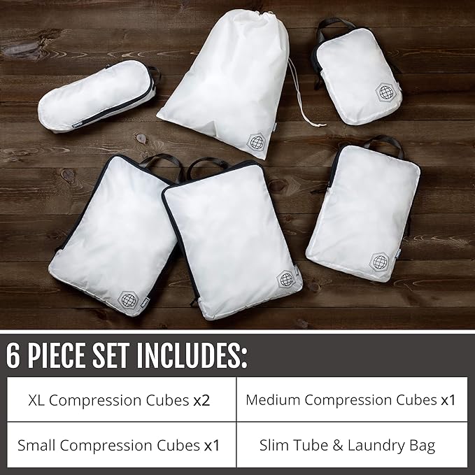 Extra Large Compression Packing Cube 6 Piece Set for Travel and Check Luggage by TRIPPED Travel Gear