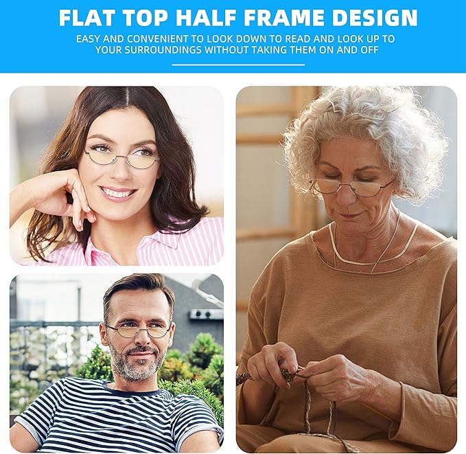 Half Lens Reading Glasses Blue Light Blocking, Half Moon Frame Semi Rim Spring Hinge Readers with Case for Men Women Black/Red/Purple 3 Pack +1.75