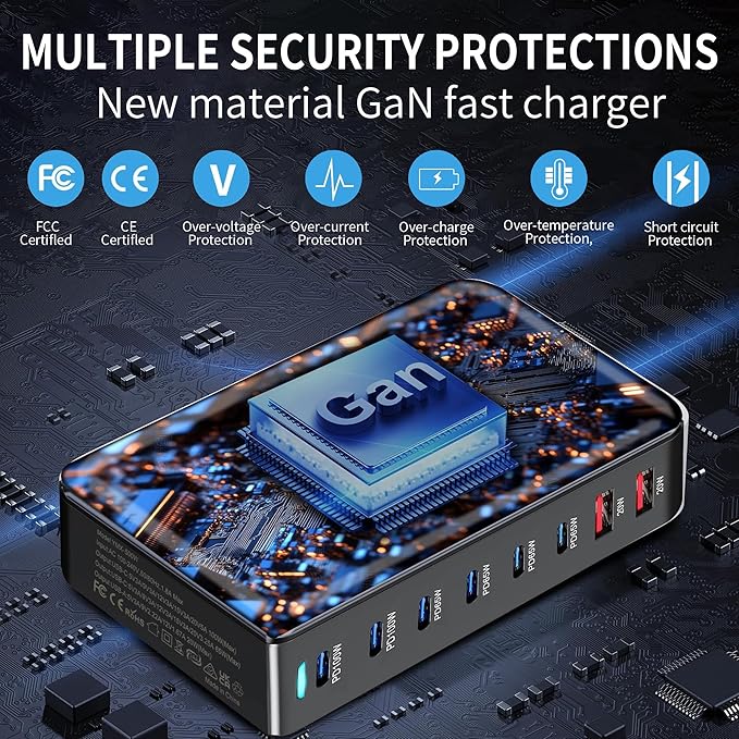 500W USB C Fast Charger Block, 8 Port USB Charging Station, GAN3 Multi Device Fast Charging Station for iPhone, Samsung, MacBook, Dell and More Smartphones, Home Office Use