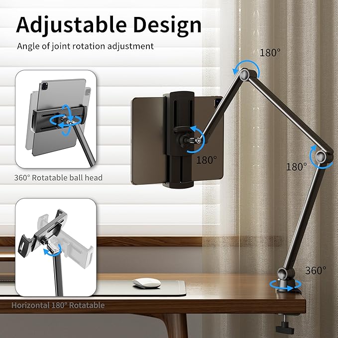 LULULOOK iPad Stand for Desk, Aluminum Alloy Arm Mount, Adjustable Holder Stand for iPad Pro 12.9/iPad mini Air, Samsung Galaxy, iPhone, Kindle, Portable Monitor Tablet 4.7"-13"(2 Clips)