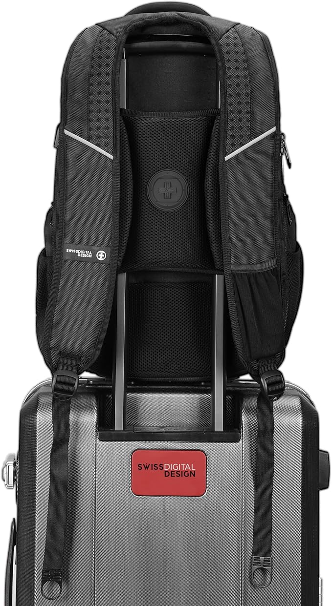 Swissdigital Design TSA Business Laptop Backpack for Men, Large Capacity Travel Backpack with Apple Find My Network and USB Charging Port Tech Backpacks Fits 17 Inch Computer Black| SD1643FB-01