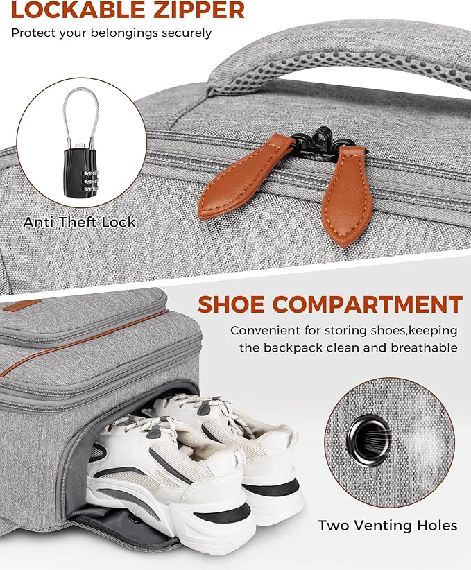 Vancropak Carry on Backpack, Flight Approved Travel Backpack with 3 Packing Cubes, Expandable Large 40L Travel Bag fits 17.3" Laptop, Anti Theft Luggage Suitcase Weekend Daypack for Women Men, Grey