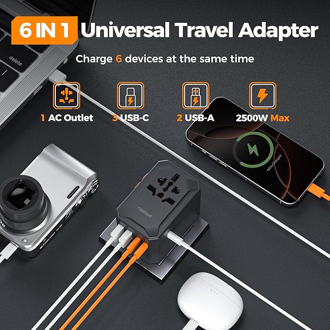 TESSAN Universal Travel Adapter, GaN 65W International Power Adapter with 5 USB Ports (3 USB C), Worldwide Plug Adaptor for US to Europe UK France Germany Spain Australia (Type C G A I), Black