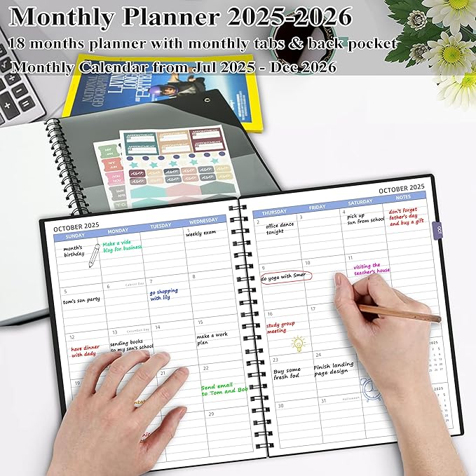 Monthly Planner 2025-2026 (7.4'' x 9.6''), 18 Months Calendar Planner from Jul 2025-Dec 2026, 2025 Agenda with Pocket, 120GSM Paper, Black