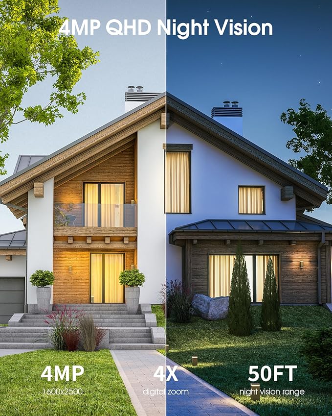 Solar Security Camera Outdoor Wireless, 4MP Battery Powered Home Surveillance Camera with Embedded Solar Panel, PIR Motion Sensor, 2.4G/5G Dual Band WiFi