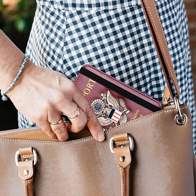 TOURSUIT RFID Blocking Passport Holder for Women Men, Leather Passport Travel Wallet with Metal 3D Metal Badge, Travel Document Holder Cover Accessories (Rose Red)