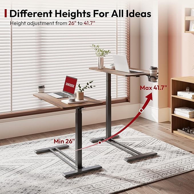 SANODESK Medical Adjustable Overbed Bedside Table with Hidden Casters, Pneumatic Mobile Laptop Computer Standing Desk Cart with Tray, Hospital and Home Use(31.5" W x 17.7" D, Walnut)