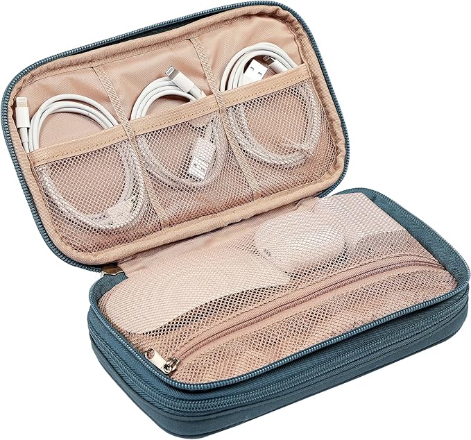 NISHEL Travel Cord Organizer Case, Double Layers Tech Electronic Bag, Essentials for Charger, Cable, Phone, Flash drive,Lake-Blue