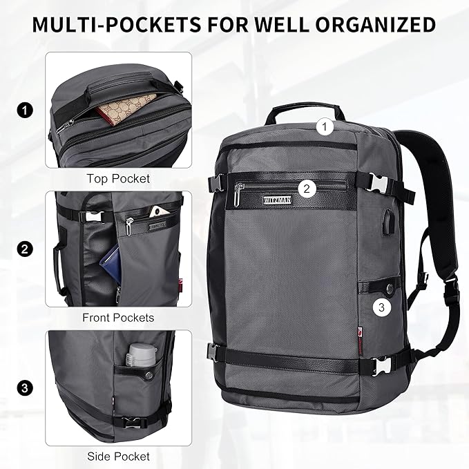 WITZMAN Travel Backpack for Men Women Laptop Backpack with USB Charging Port Carry-on Luggage Flight Approved(B686 Silvery Grey)