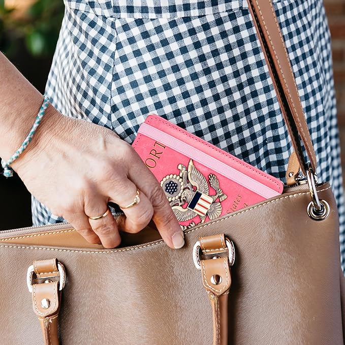 TOURSUIT RFID Blocking Passport Holder for Women Men, Leather Passport Travel Wallet with Metal 3D Metal Badge, Travel Document Holder Cover Accessories (Pink)