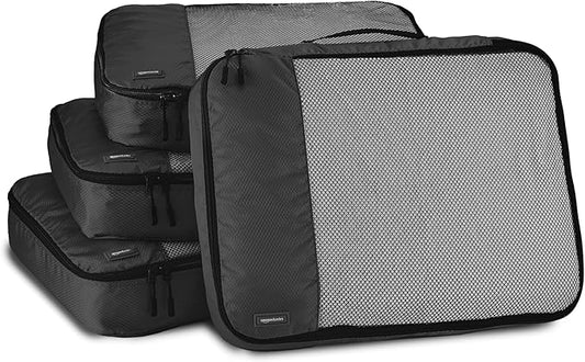 Amazon Essentials 4-Piece Packing Cubes Travel Accessories Set, Luggage Organizer with Double Zipper, Mesh Top, 100% Polyester, Large, Black (Previously Amazon Basics)