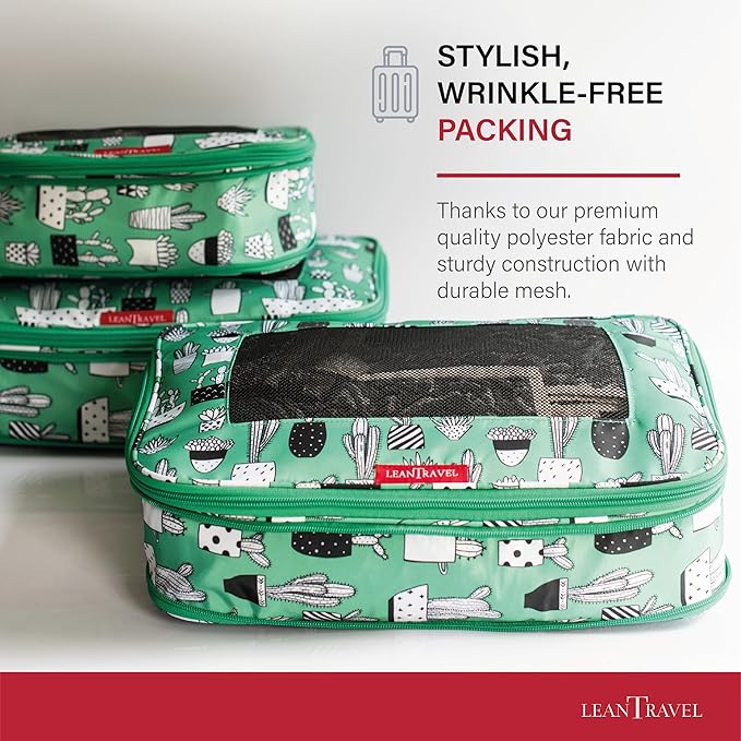 LeanTravel Compression Packing Cubes for Travel Organizers with Double Zipper (6-Pack (2L+2M+2S), Green Cactus)
