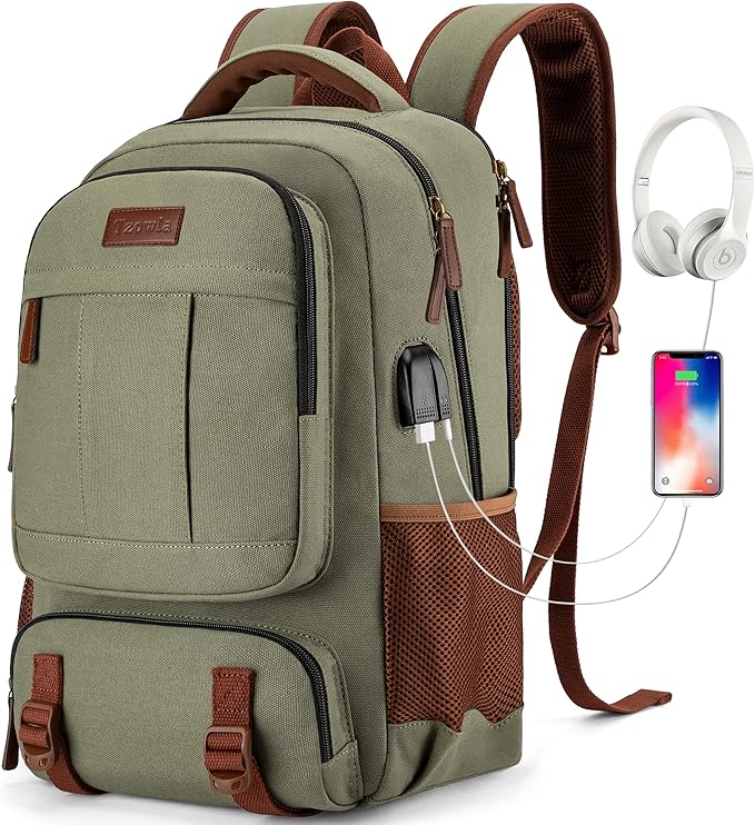 Tzowla Canvas Laptop Backpack, Bag for Men Women,Travel Work Rucksack Fits 17.3 Inch Laptop, Bookbag with USB Charging Port
