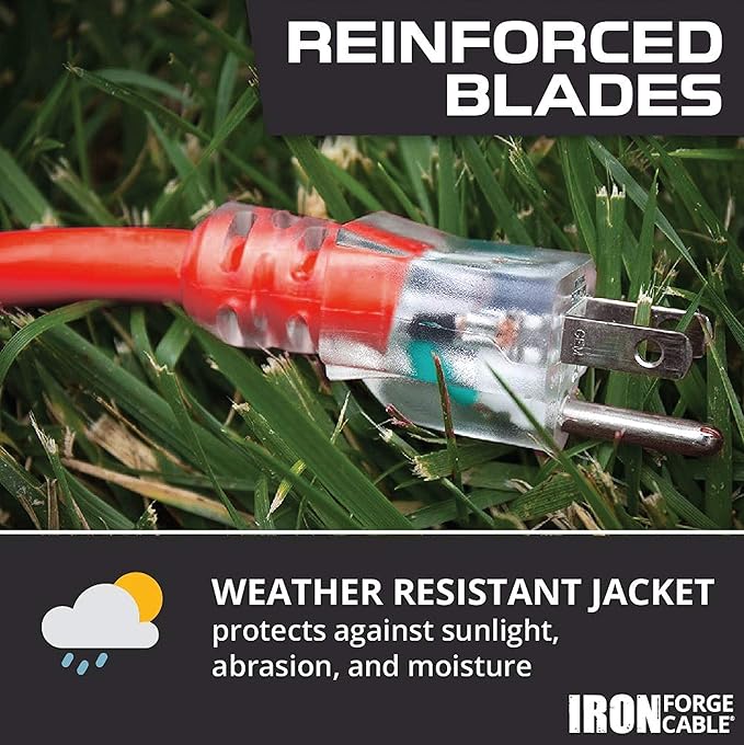 Iron Forge Cable 10 ft Lighted Outdoor Extension Cord - 12/3 SJTW Red 10 ft Extension Cord Heavy Duty with 3 Prong 15 AMP Grounded Plug for Safety