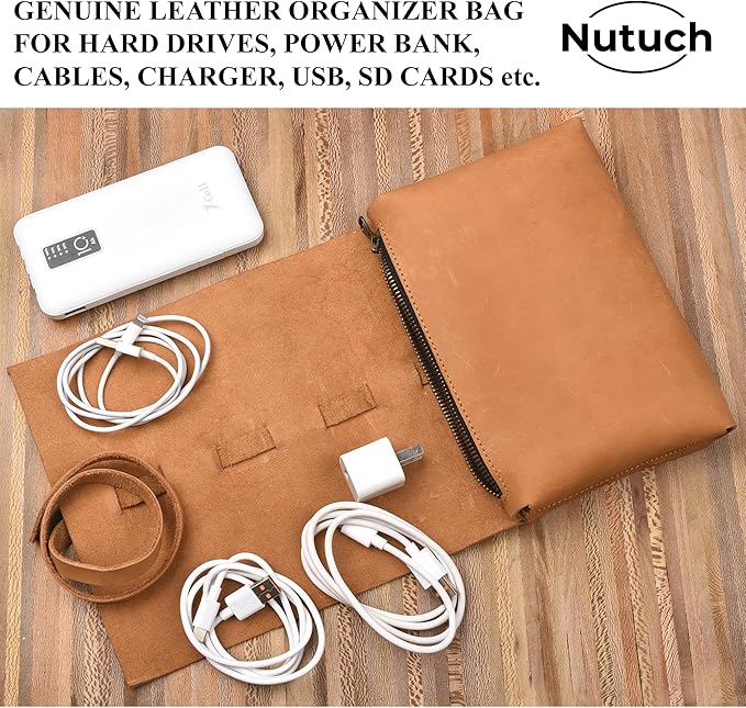 Leather Tech Pouch for Cables Chargers Phone | Tech Bag | Zipper Travel Accessory Pouch | Electronic Organizer Case Travel Bag (Tan)