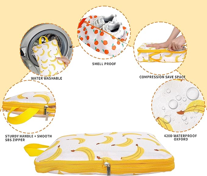 Compression Packing Cubes for Suitcases, 6 Set Cute Fruit Luggage Organizer, Lightweight Waterproof Expandable/Compression Bags Smell Proof Travel Packing Cubes for Suitcases