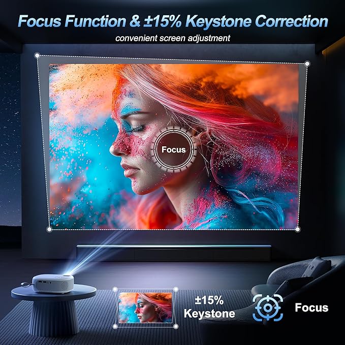 15000 Lumens Outdoor Movie Projector - Native 1080P HD Portable Projector with WiFi 6/Bluetooth 5.2, Compatible with iPhone, Android, Fire Stick, PS5, Xbox(USB-C Cable) ±15° Keystone