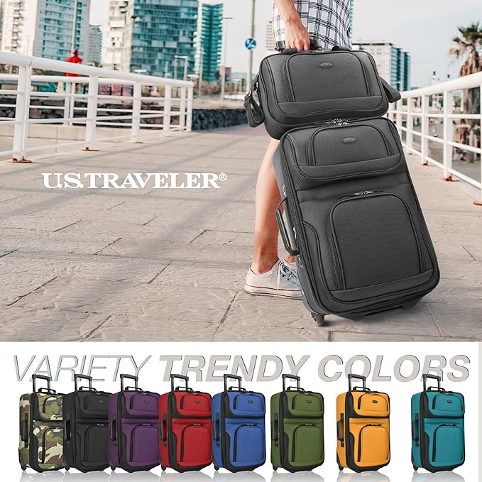 U.S. Traveler Rio Fabric Expandable Carry-on Luggage, Rolling Suitcase, Black, 2 Wheel Set