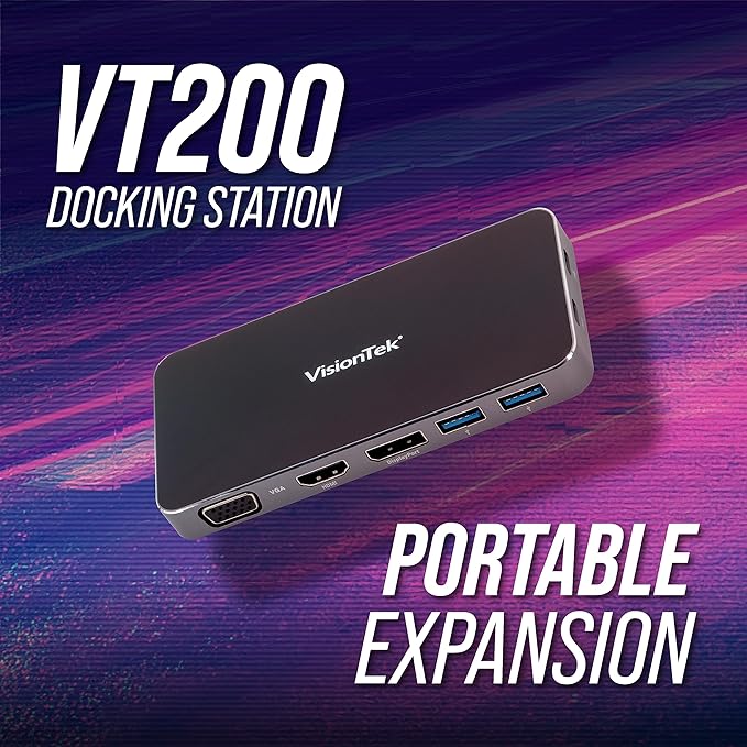 VisionTek VT200 Portable USB-C Dual Monitor Hub - 1x DP, 1x HDMI, 1x VGA, 2X USB-A Ports, 1x USB-C for Windows/MacOS/ChromeOS/iOS