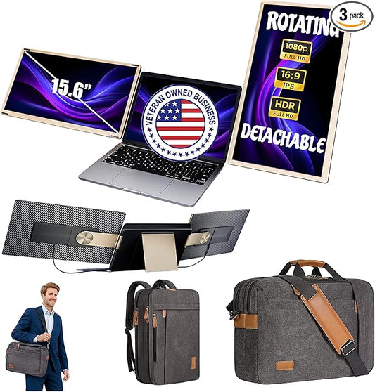 ELK 15.6" Dual Laptop Screen Extender - Laptop Bag & Cleaning Kit Included - FHD 1080P IPS - Detachable & Adjustable Monitor Extender - with Speakers - Compatible with Mac/Android/Win