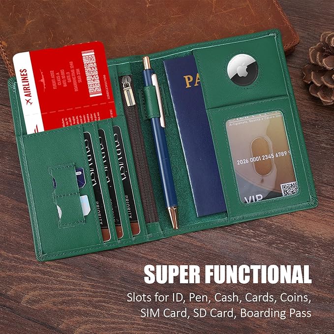 STAR VISTA Phoenix Leather Passport Holder, Calfskin Leather Travel Wallet - RFID Blocking, ID Window, Zipper Pocket, Pen & Notebook Included, AirTag Holder, Mint