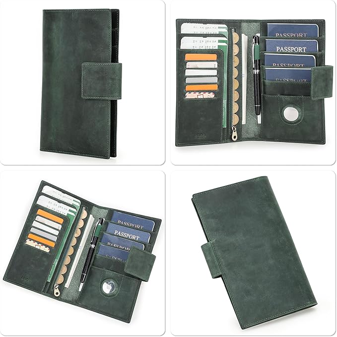 Top Grain Leather Travel Passport Wallet Holder for Man & Woman, Snap Button Design for 4 Passports & Multi Cards, RFID Blocking Large Capacity for Passports/Cards/Checks/Bills, Dark Green