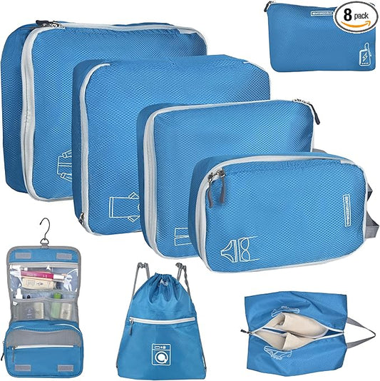 8 Set Expandable Compression Packing Cubes for Suitcases Travel Essentials Carry On Waterproof Storage Bag With Dry And Wet Separation Blue