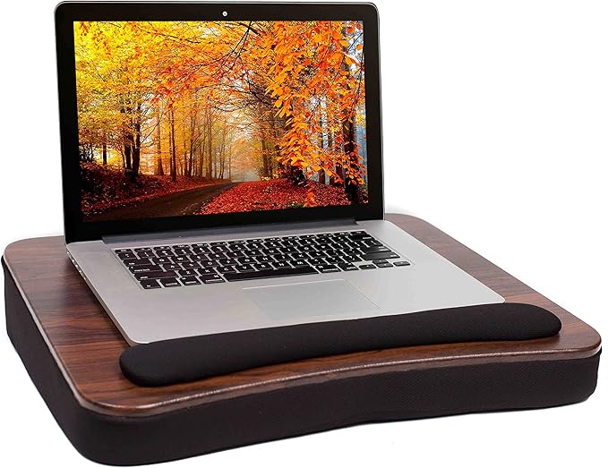 Sofia + Sam Multi Tasking Lap Desk with Memory Foam Cushion | Tablet Slot | Fits Laptops Up to 17" | Tablets Up to 9.6" | Black | Walnut Wood Top | Computer Lap Tray