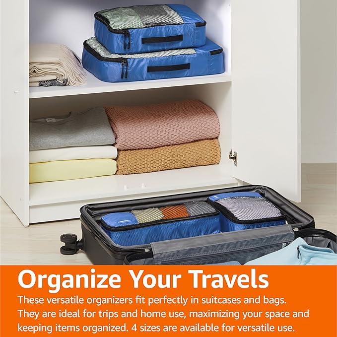 Amazon Essentials 4-Piece Packing Cubes Travel Accessories Set, Luggage Organizer with Double Zipper, Mesh Top, 100% Polyester, Small/Medium/Large/Slim, Blue (Previously Amazon Basics)
