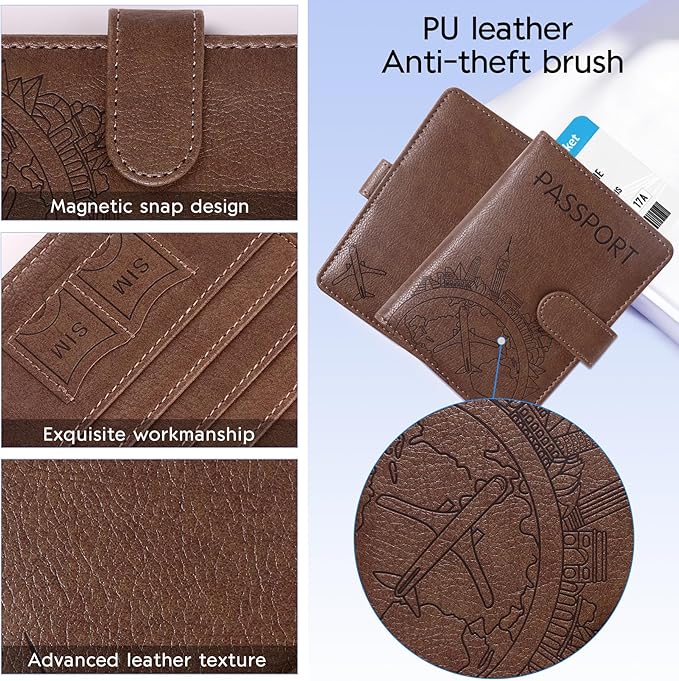 Passport Holder and Card Slot Combo RFID Blocking Leather Family Travel Passport Wallet Travel Accessories for Men Women US Passport Cover Protector (Travel black)