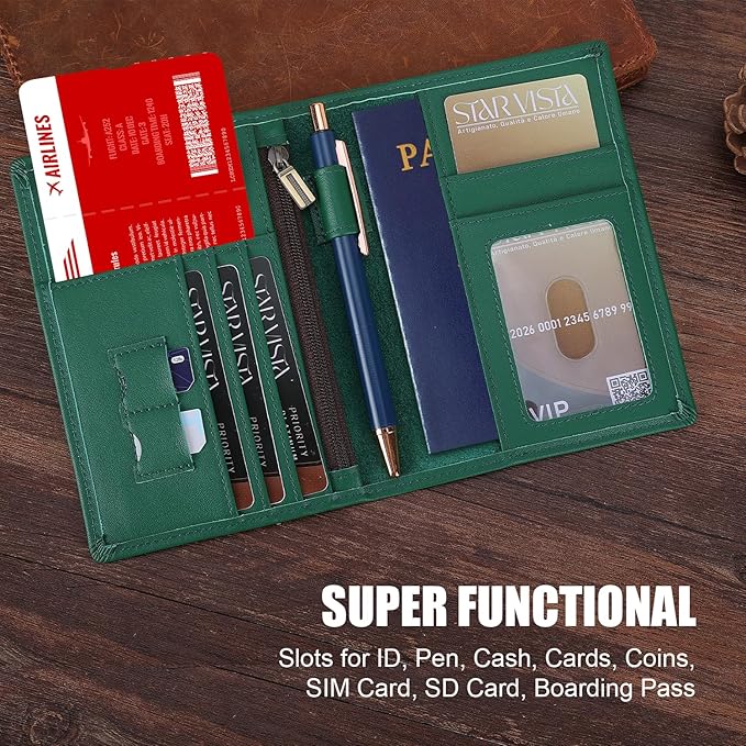 STAR VISTA Phoenix Leather Passport Holder, Calfskin Travel Wallet - RFID Blocking, ID Window, Zipper Pocket, Pen & Notebook Included, Mint