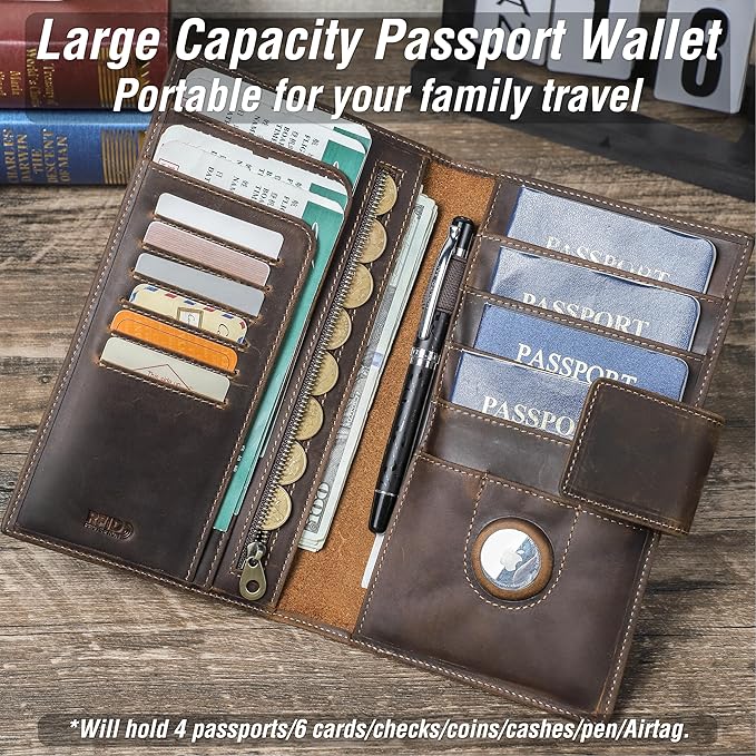 Top Grain Leather Travel Passport Wallet Holder for Man & Woman, Snap Button Design for 4 Passports & Multi Cards, RFID Blocking Large Capacity for Passports/Cards/Checks/Bills, Coffee