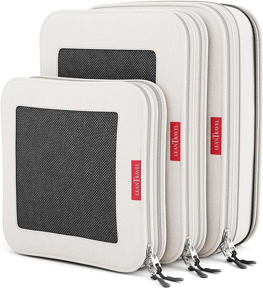 LeanTravel Compression Packing Cubes for Travel Organizers with Double Zipper (3-Pack (2L+1M), Sand)
