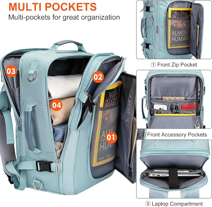 PIJUSHI Travel Backpack for Women Flight Approved Carry on Bag 16 inch Laptop Personal Item Daypack with Shoe Compartment(PE038 Blue)