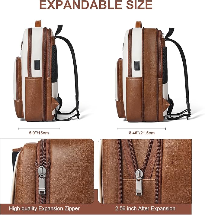 Shrrie Leather Laptop Backpack for Women and Men,28 L Travel Backpack Computer Bag Fits 16 inch Laptop,Expandable Casual Daypack with USB Port for Work Business Weekender College,Beige with Brown