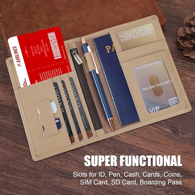 STAR VISTA Phoenix Leather Passport Holder, Calfskin Travel Wallet - RFID Blocking, ID Window, Zipper Pocket, Pen & Notebook Included, Ivory