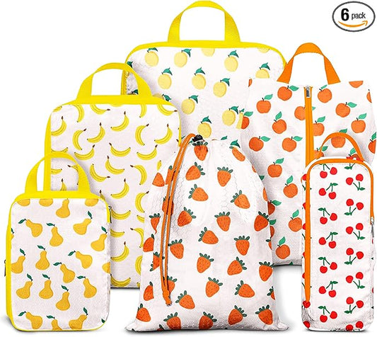 Compression Packing Cubes for Suitcases, 6 Set Cute Fruit Luggage Organizer, Lightweight Waterproof Expandable/Compression Bags Smell Proof Travel Packing Cubes for Suitcases