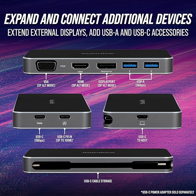 VisionTek VT200 Portable USB-C Dual Monitor Hub - 1x DP, 1x HDMI, 1x VGA, 2X USB-A Ports, 1x USB-C for Windows/MacOS/ChromeOS/iOS