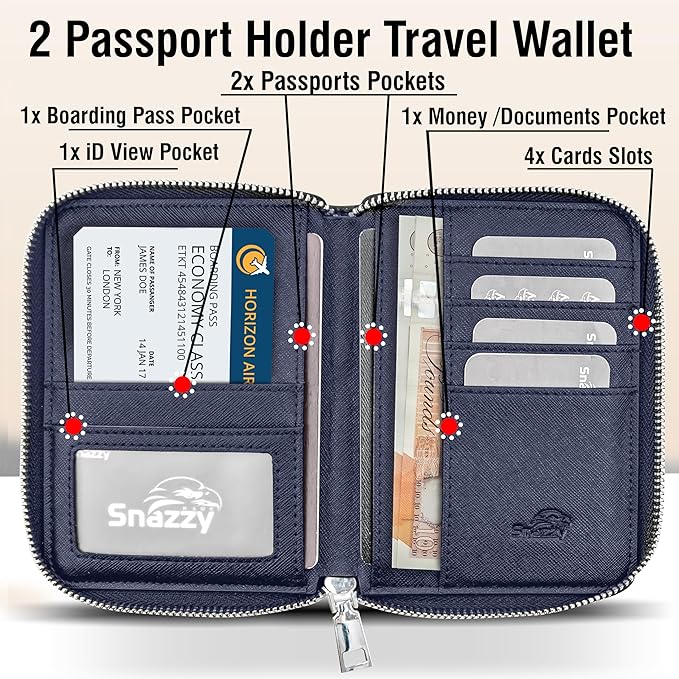 RFID Travel Wallet Passport Holder w/Zipper - Organizer Bag for Travel Documents – Safety Essentials Cover for Men Women