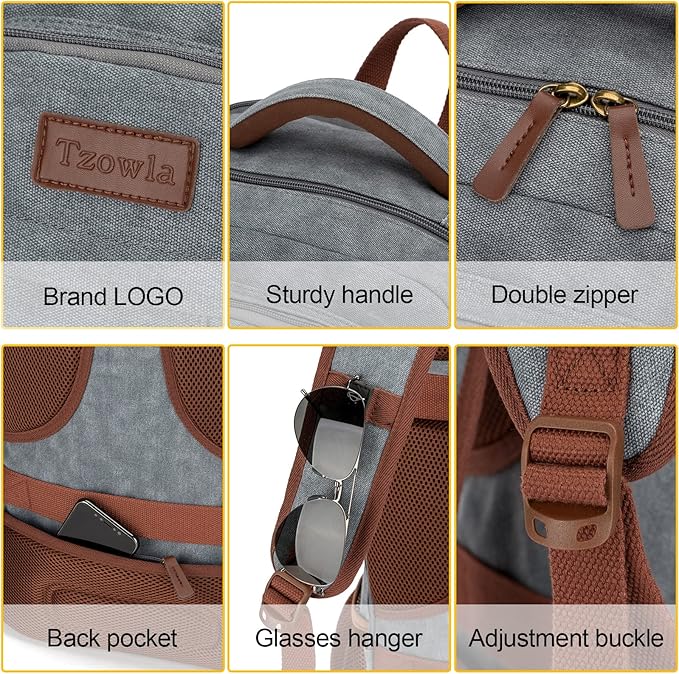 Tzowla Canvas Laptop Backpack, Bag for Men Women,Travel Work Rucksack Fits 15.6 Inch Laptop, Bookbag with USB Charging Port