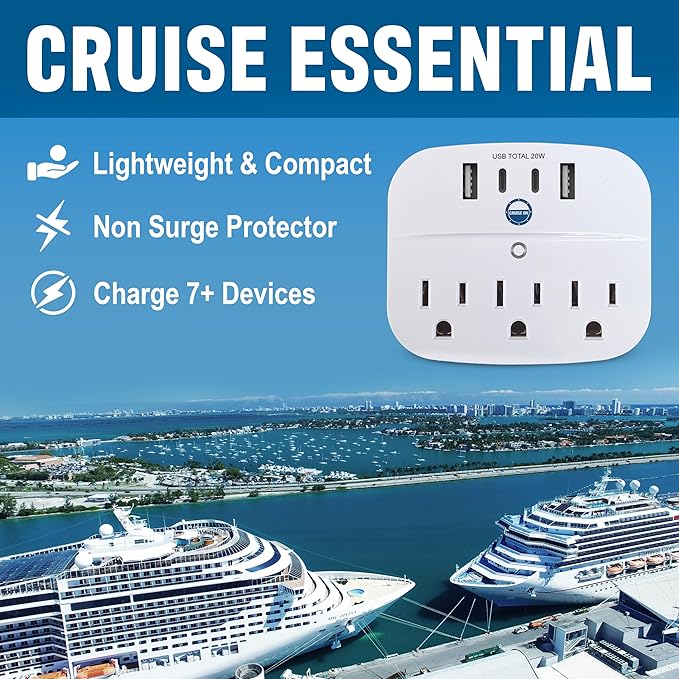 Cruise Approved Non Surge Power Strip [2 USBC, 2 USB, 3 AC] - Cruise Essentials for Carnival, Celebrity, Princess, Norwegian, MSC & Major Cruise Lines