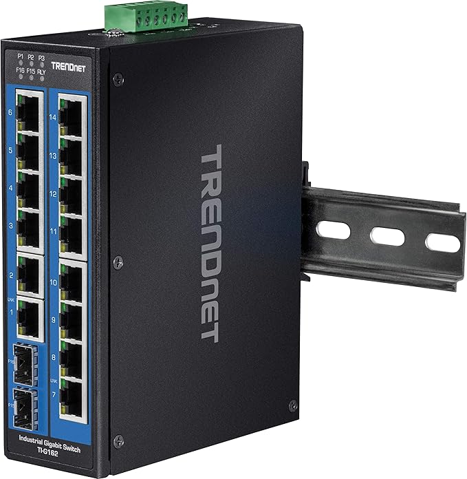 TRENDnet 16-Port Hardened Industrial Unmanaged Gigabit DIN-Rail Switch, TI-G162, 14 x Gigabit Ports, 2 x Gigabit SFP Slots,32Gbps Switching Capacity, IP30 Ethernet Network Switch, Lifetime Protection