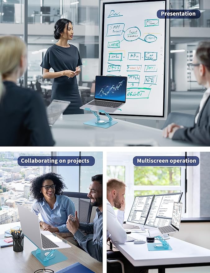 SOUNDANCE Laptop Stand with 360° Rotating Base, Ergonomic Computer Riser for Desk, Adjutable Height Muti-Angle, Foldable Laptop Mount, Stable Metal Holder Support 10-15.6" Notebook PC, Blue