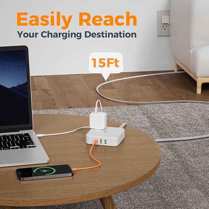 Surge Protector Flat Extension Cord 15Ft, TESSAN Flat Plug Power Strip with 4 Outlets 3 USB Ports (1 USB C), 900 Joules Protection, Multiple Wall Outlet Extender Suitable for Home Office Dorm, White