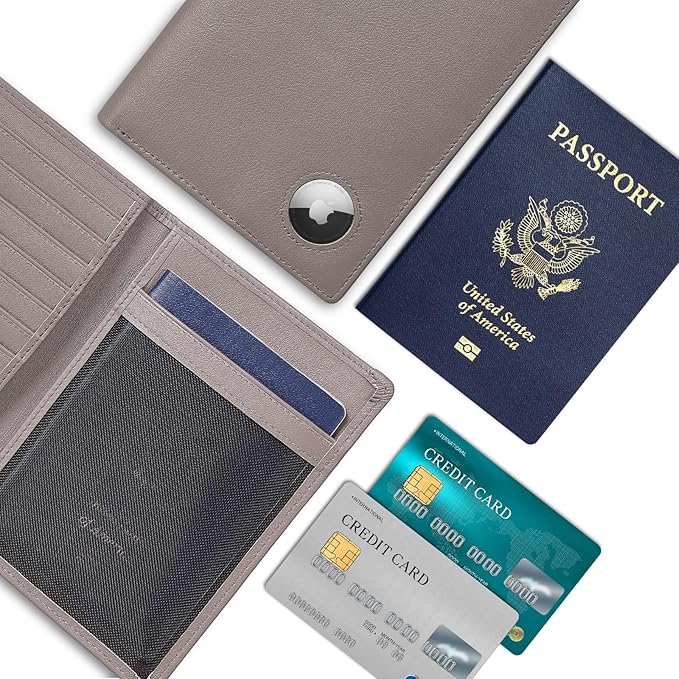 Polare Luxury RFID Blocking Leather Passport Holder Travel Wallet For Men and Women (Grey with AirTag Slot)