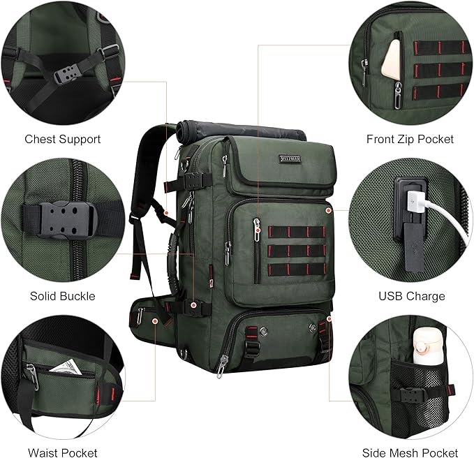 WITZMAN Carry on Travel Backpack for Men Women Airline Approved Convertible Nylon Duffle Backpack Luggage Bag (B682 Army Green)