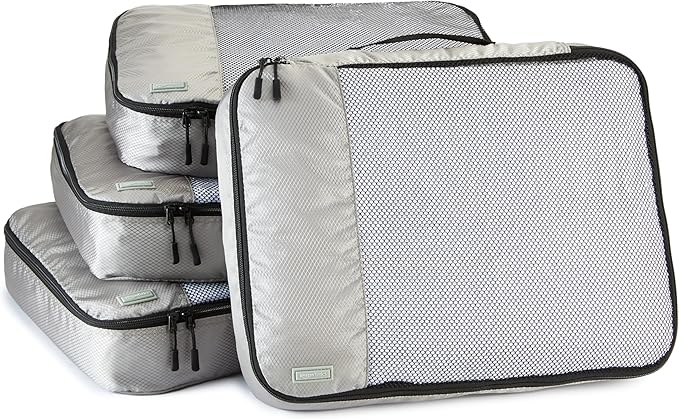Amazon Essentials 4-Piece Packing Cubes Travel Accessories Set, Luggage Organizer with Double Zipper, Mesh Top, 100% Polyester, Large, Gray (Previously Amazon Basics)