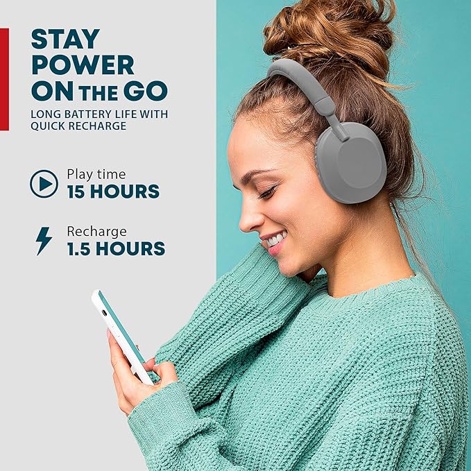 Gabba Goods Aura Premium Wireless Over-Ear Headphones, Built-in Mic, SD Card, High-Res Audio, 6H Playtime, for Travel, Home, Work TV,PC,Gaming,Cellphone (Grey)